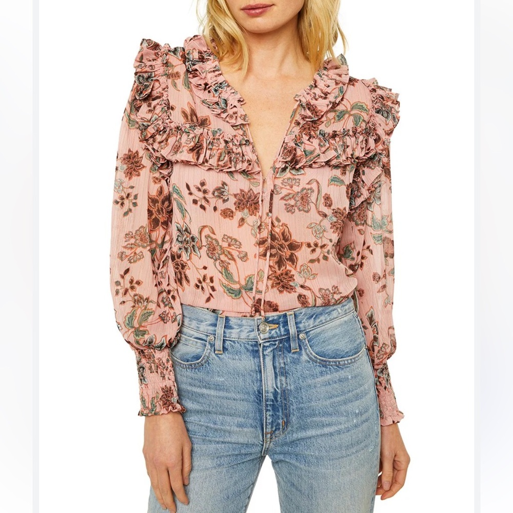 MISA Raffi Top Choco Rose Floral Ruffle Blouse - Picture 2 of 9
